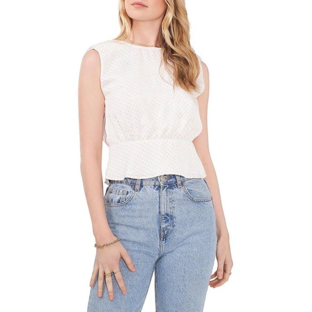 NWT 1.State Womens Bon Voyage Satin Polka Dot Blouse White Size L